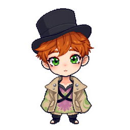 A ginger-haired boy, aged 16, depicted in a whimsical chibi pixel art style