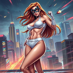 A sexy, slender superheroine wearing white panties, showcasing a confident pose