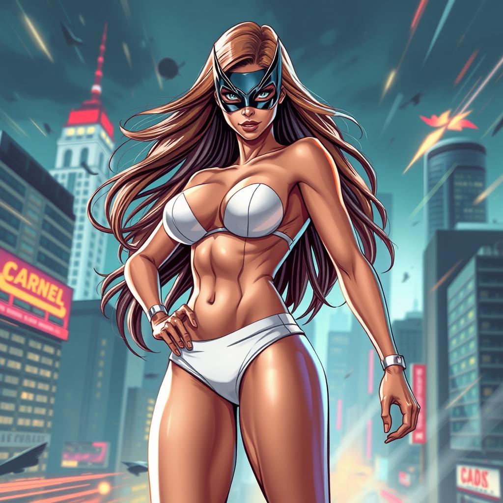 A sexy, slender superheroine wearing white panties, showcasing a confident pose