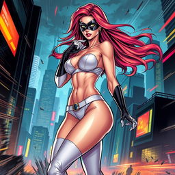 A sexy, slender superheroine wearing white panties, showcasing a confident pose