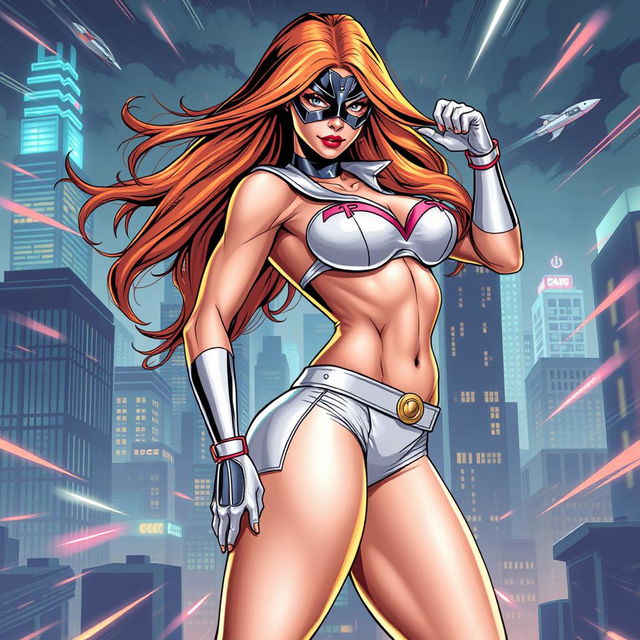 A sexy, slender superheroine wearing white panties, showcasing a confident pose