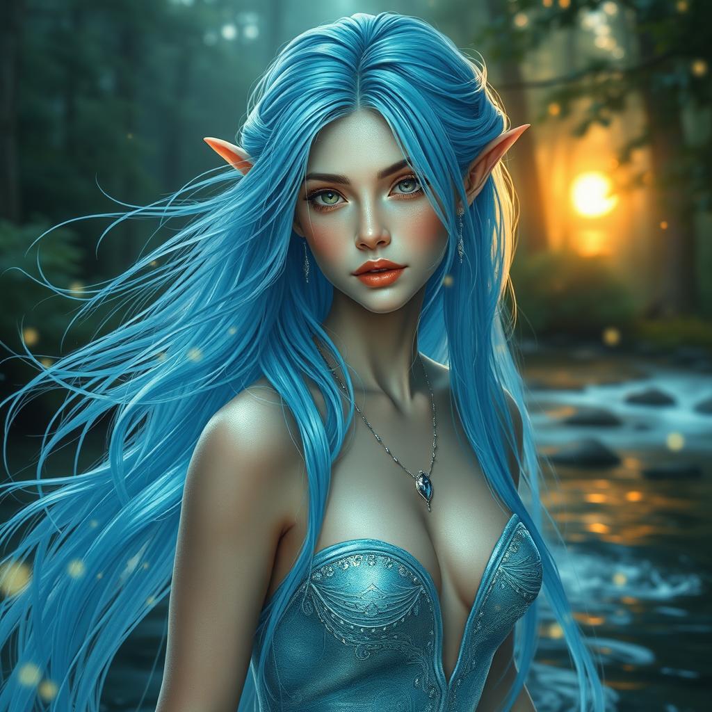 A captivating water elf, ethereal and graceful, with flowing translucent blue hair that resembles cascading waterfalls