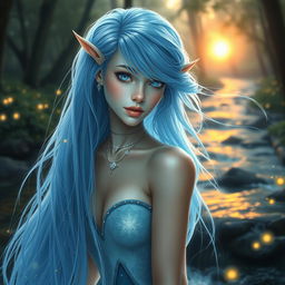 A captivating water elf, ethereal and graceful, with flowing translucent blue hair that resembles cascading waterfalls