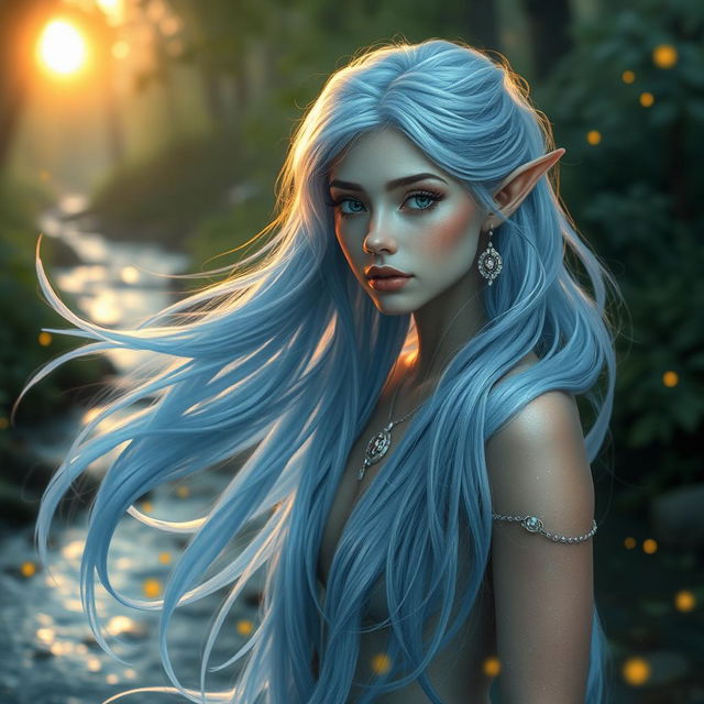 A captivating water elf, ethereal and graceful, with flowing translucent blue hair that resembles cascading waterfalls