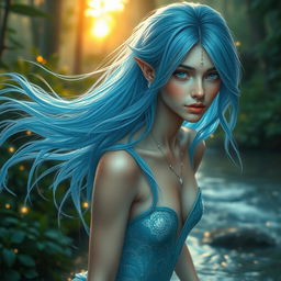A captivating water elf, ethereal and graceful, with flowing translucent blue hair that resembles cascading waterfalls
