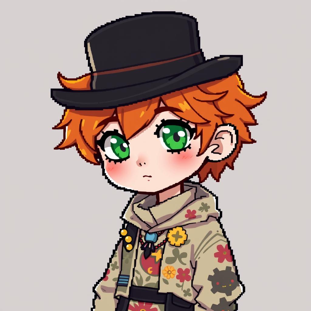 A ginger-haired boy, 16 years old, depicted in a vibrant chibi pixel art style