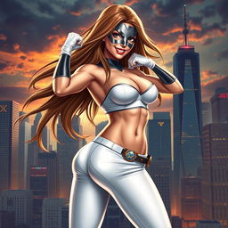 A sexy, slender superheroine wearing white panties, exhibiting a strong yet feminine pose