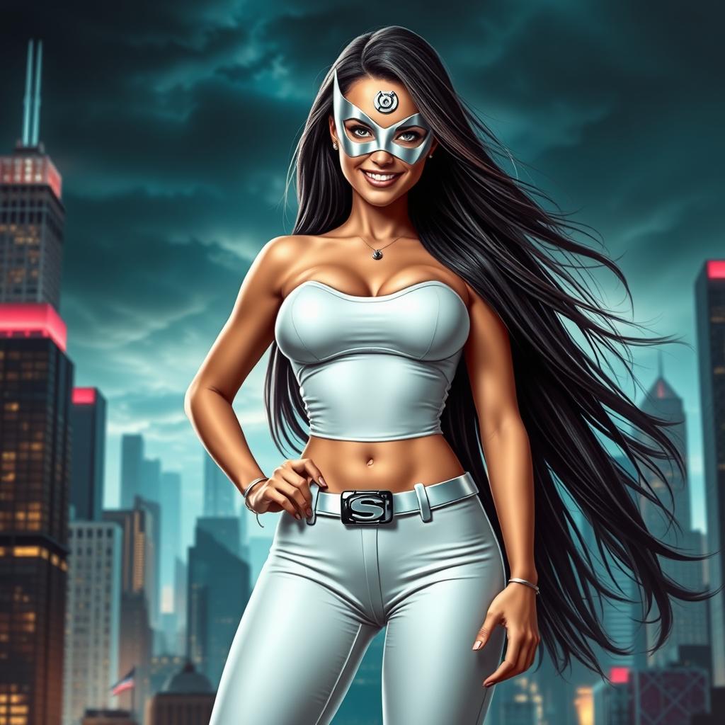 A sexy, slender superheroine wearing white panties, exhibiting a strong yet feminine pose