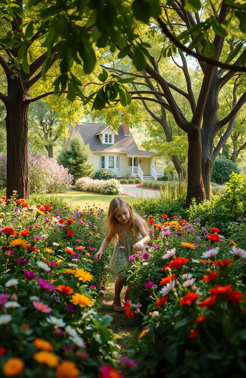 A serene landscape featuring a young girl exploring a lush, vibrant forest filled with colorful flowers, assorted trees, and greenery