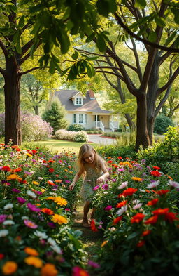 A serene landscape featuring a young girl exploring a lush, vibrant forest filled with colorful flowers, assorted trees, and greenery