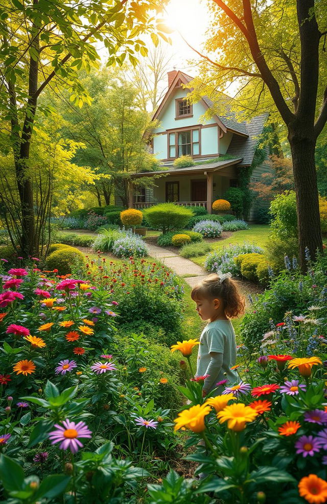 A serene landscape featuring a young girl exploring a lush, vibrant forest filled with colorful flowers, assorted trees, and greenery