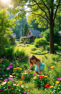 A serene landscape featuring a young girl exploring a lush, vibrant forest filled with colorful flowers, assorted trees, and greenery