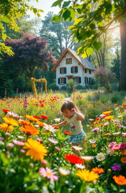 A serene landscape featuring a young girl exploring a lush, vibrant forest filled with colorful flowers, assorted trees, and greenery