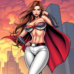A sexy, slim superheroine wearing white panties, showcasing her toned physique