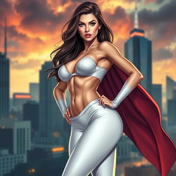 A sexy, slim superheroine wearing white panties, showcasing her toned physique