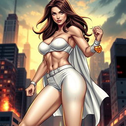 A sexy, slim superheroine wearing white panties, showcasing her toned physique