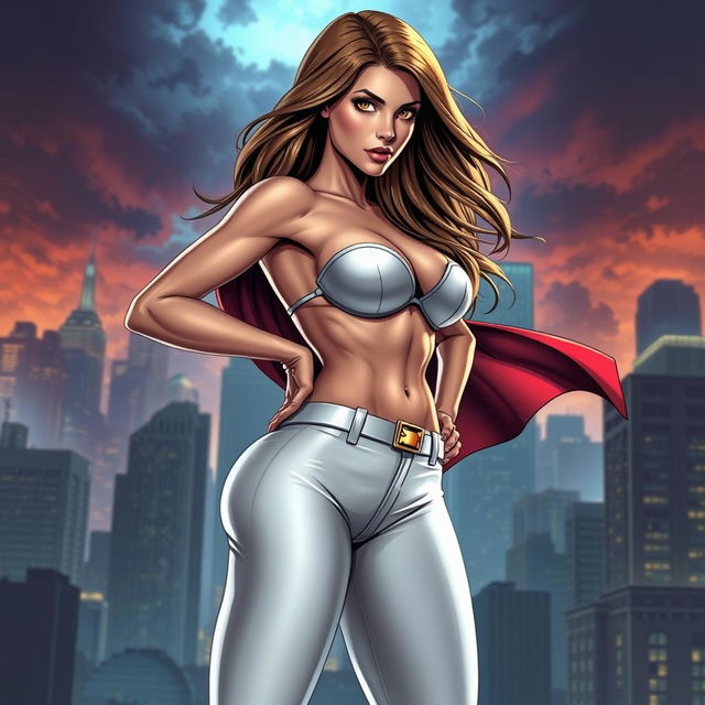 A sexy, slim superheroine wearing white panties, showcasing her toned physique