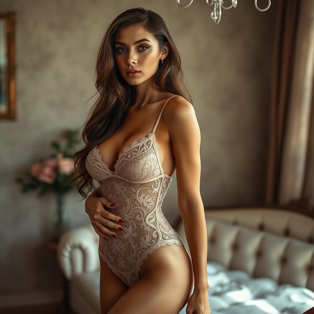 A stunning scene featuring a tall, slender woman wearing exquisite lace lingerie