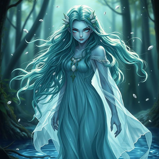 A mesmerizing water elf sorceress specializing in elemental magic