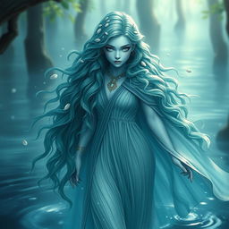 A mesmerizing water elf sorceress specializing in elemental magic