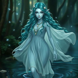 A mesmerizing water elf sorceress specializing in elemental magic