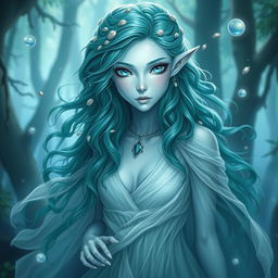 A mesmerizing water elf sorceress specializing in elemental magic