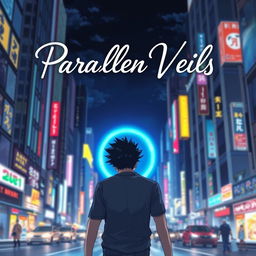 A man with striking black spiky hair walks towards a glowing circular blue portal, captured from behind
