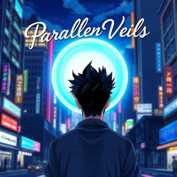 A man with striking black spiky hair walks towards a glowing circular blue portal, captured from behind