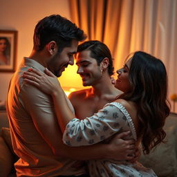 A passionate and intense scene depicting adult couples engaging in a consensual, intimate moment of connection