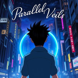 A man with striking black spiky hair is depicted walking towards a luminous circular blue portal, viewed from behind