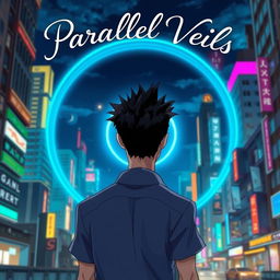 A man with striking black spiky hair is depicted walking towards a luminous circular blue portal, viewed from behind