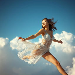 A woman gracefully flying in delicate lace lingerie, with intricate patterns and sheer details, her hair flowing in the wind