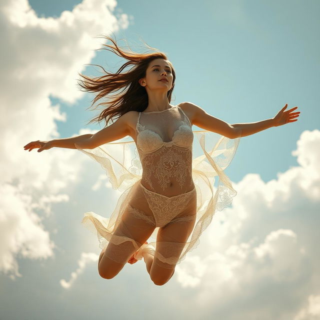 A woman gracefully flying in delicate lace lingerie, with intricate patterns and sheer details, her hair flowing in the wind