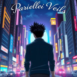 A full-body view of a man with striking black spiky hair is depicted walking towards a luminous oval bright blue portal, seen from behind