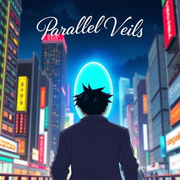 A full-body view of a man with striking black spiky hair is depicted walking towards a luminous oval bright blue portal, seen from behind