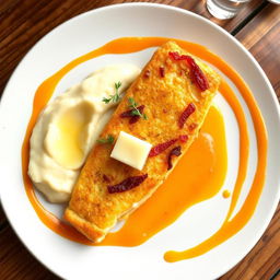 A beautifully plated dish featuring klippfisk (salted cod) presented alongside creamy mashed potatoes and vibrant orange carrot puree