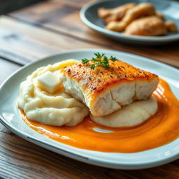 A beautifully plated dish featuring klippfisk (salted cod) presented alongside creamy mashed potatoes and vibrant orange carrot puree