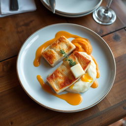 A beautifully plated dish featuring klippfisk (salted cod) presented alongside creamy mashed potatoes and vibrant orange carrot puree