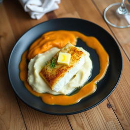 A beautifully plated dish featuring klippfisk (salted cod) presented alongside creamy mashed potatoes and vibrant orange carrot puree