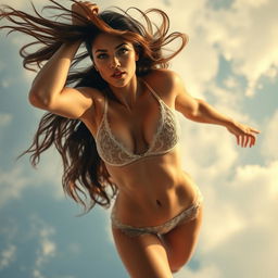 A sensual scene depicting a sultry woman flying gracefully through the air, wearing exquisite low-cut lace lingerie