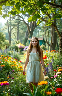 A teenager girl wandering through a vibrant and lush forest filled with a variety of colorful flowers, towering trees, and diverse plants