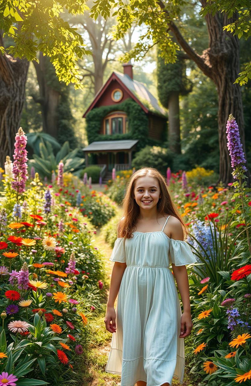 A teenager girl wandering through a vibrant and lush forest filled with a variety of colorful flowers, towering trees, and diverse plants