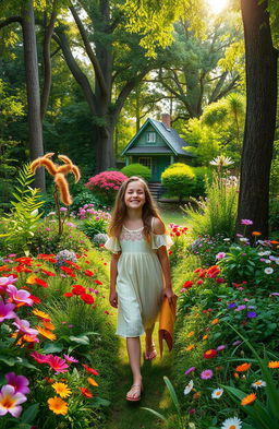 A teenager girl wandering through a vibrant and lush forest filled with a variety of colorful flowers, towering trees, and diverse plants