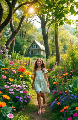 A teenager girl wandering through a vibrant and lush forest filled with a variety of colorful flowers, towering trees, and diverse plants