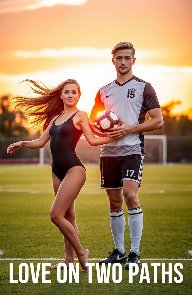 In a romantic scene titled 'Love on Two Paths', a woman with flowing brown hair and warm brown eyes stands gracefully on a vibrant soccer field, wearing a sleek, form-fitting leotard that accentuates her athletic physique as a gymnast