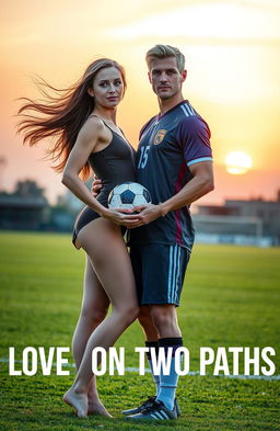 In a romantic scene titled 'Love on Two Paths', a woman with flowing brown hair and warm brown eyes stands gracefully on a vibrant soccer field, wearing a sleek, form-fitting leotard that accentuates her athletic physique as a gymnast