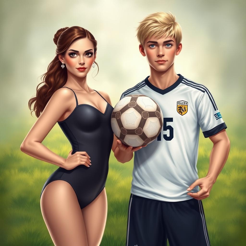 In a heartfelt scene titled 'Love on Two Paths', a realistic depiction shows a woman with beautiful brown hair and expressive brown eyes, standing elegantly on a lush soccer field