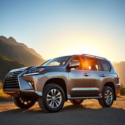 A striking Lexus LX470 SUV parked majestically in a scenic mountain landscape, showcasing its robust design and luxurious features