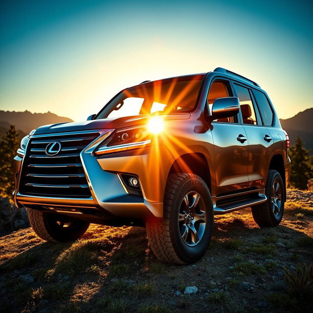 A striking Lexus LX470 SUV parked majestically in a scenic mountain landscape, showcasing its robust design and luxurious features