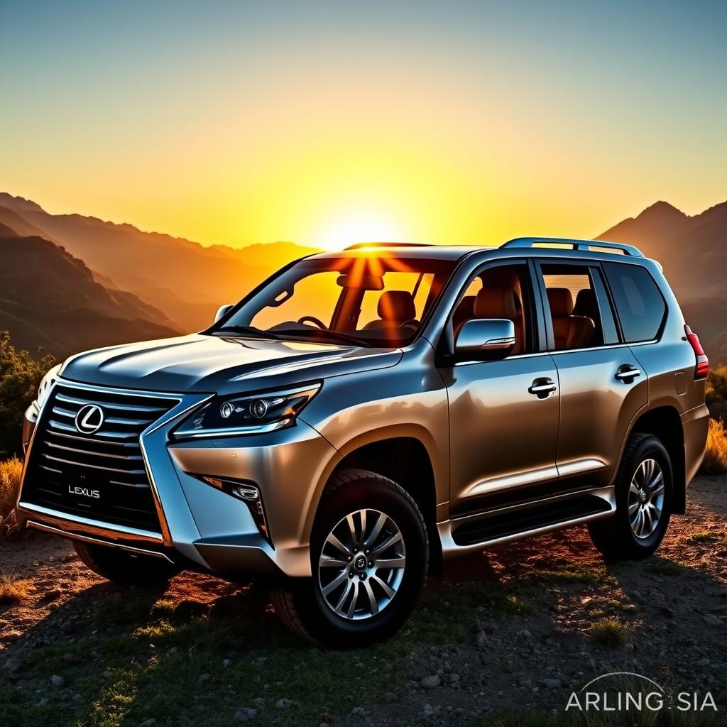 A striking Lexus LX470 SUV parked majestically in a scenic mountain landscape, showcasing its robust design and luxurious features